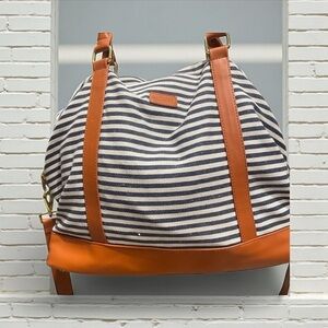 Baosha Nautical Blue and Tan Shoulder Bag with Leather Straps duffel weekender‌